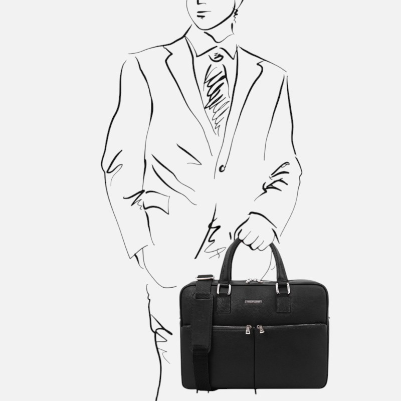 Line drawing of a person in a suit holding a black briefcase.