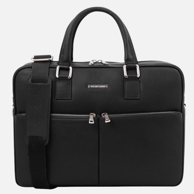 Black leather briefcase with dual top handles, front zipper pockets, and a detachable shoulder strap on a white background.