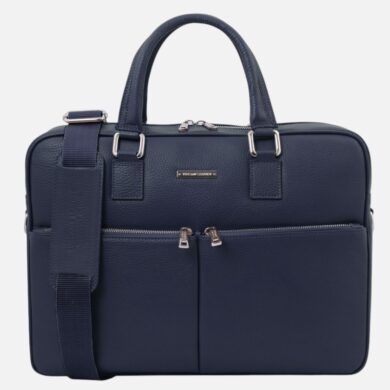 Navy blue leather briefcase with top handles and a detachable shoulder strap, front zip pockets visible on the front panel.