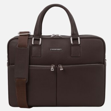 Dark brown leather briefcase with two front pockets, silver zippers, two top handles, and a detachable shoulder strap.