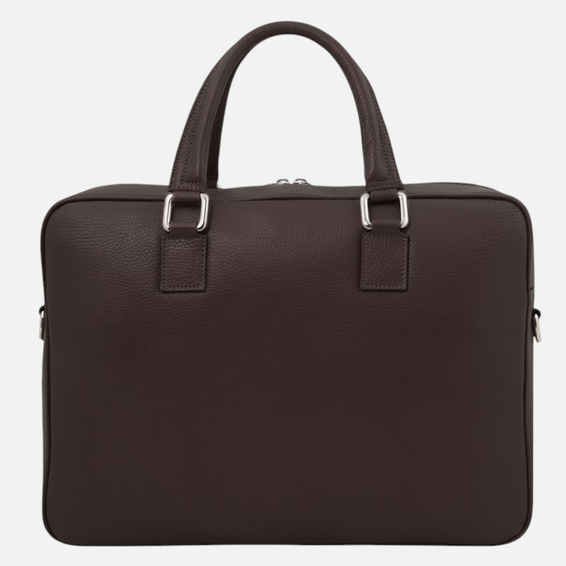Brown leather briefcase with two handles and silver-toned hardware on a white background, front view showing a zip closure above.