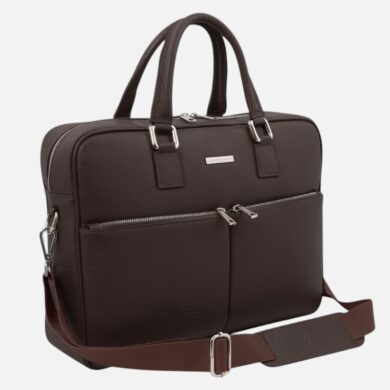 Brown leather briefcase with top handles and a brown adjustable shoulder strap, front zip pockets visible, professional business bag.