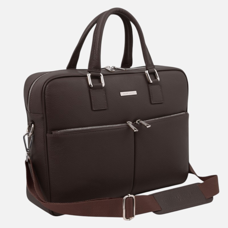 Brown leather briefcase with top handles and a brown adjustable shoulder strap, front zip pockets visible, professional business bag.