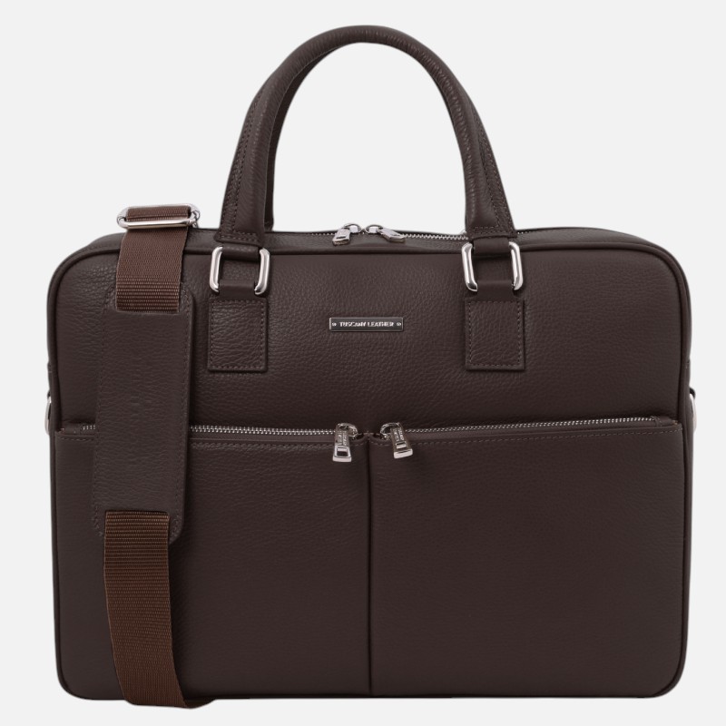 Dark brown leather briefcase with two front pockets, silver zippers, two top handles, and a detachable shoulder strap.