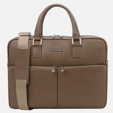 Brown textured leather bag with two top handles, a beige detachable shoulder strap, and front dual zip pockets with a small metal logo plate.