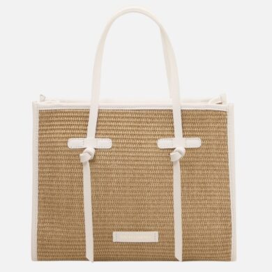 Woven straw tote bag with white leather trim and handles, front label 'Tuscany Leather' for a light, summery accessory