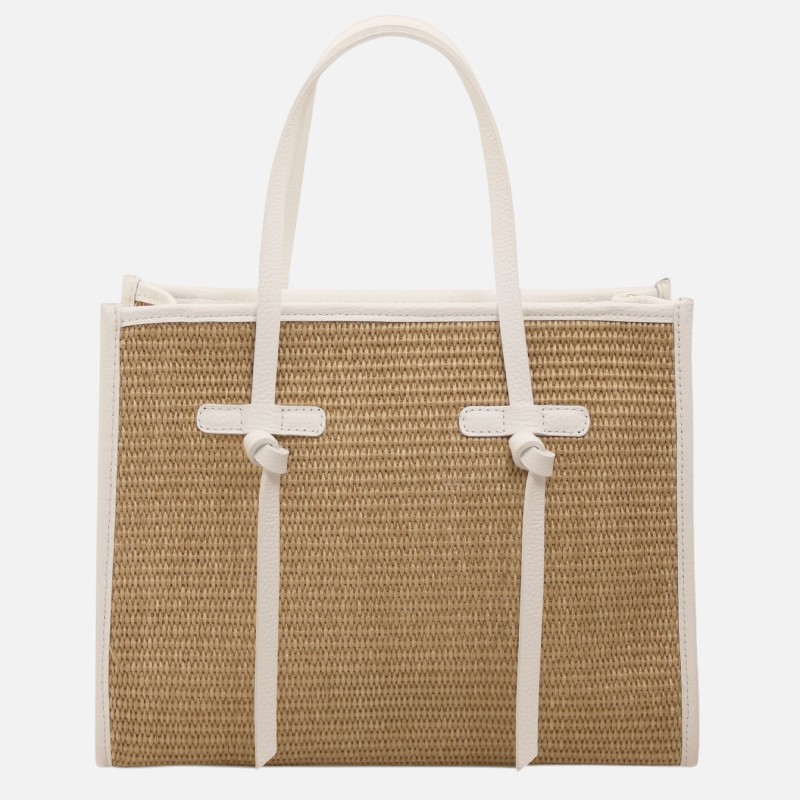 Straw tote bag with white leather trim and handles