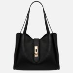 Black pebbled leather tote bag with double shoulder straps and a gold-tone clasp on the front strap edge if present.