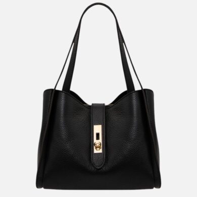 Black pebbled leather tote bag with double shoulder straps and a gold-tone clasp on the front strap edge if present.