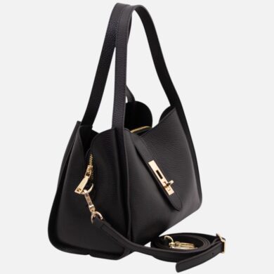 Black pebbled leather handbag with gold-tone hardware, top handles, and a detachable shoulder strap viewed from the side/angle.