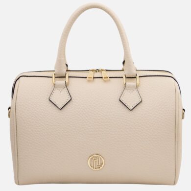Beige pebbled leather handbag with two top handles and gold-tone hardware.