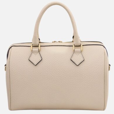 Beige pebbled leather handbag with two top handles and gold hardware.