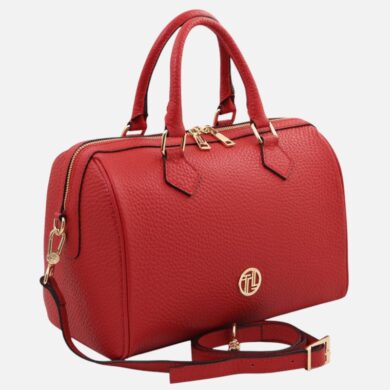 Red textured leather handbag with gold hardware, top handles, and detachable shoulder strap on white background (compact satchel).