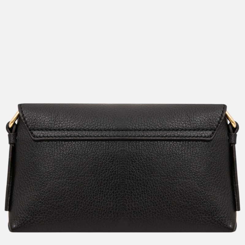 Black pebbled leather clutch with a slim top flap and gold-tone side hardware.