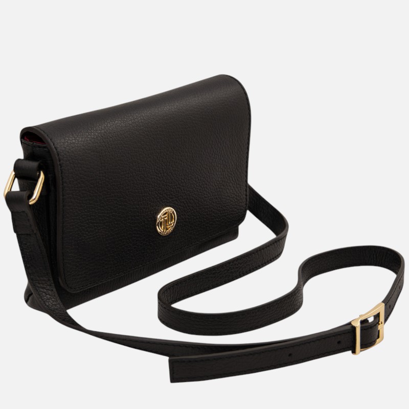 Black pebbled leather crossbody bag with a gold-tone clasp and adjustable strap.