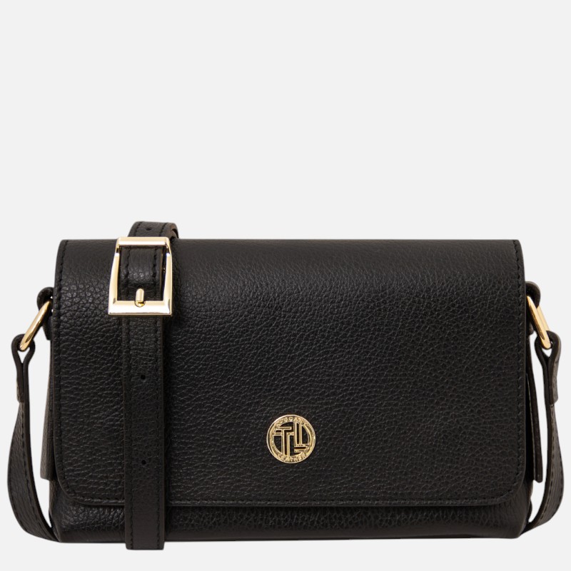 Black pebbled leather crossbody bag with a gold-tone buckle and small circular gold logo on the front flap.