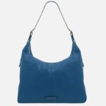 Blue pebbled leather hobo bag with a single long strap and a small Tuscany Leather brand tag on the front.