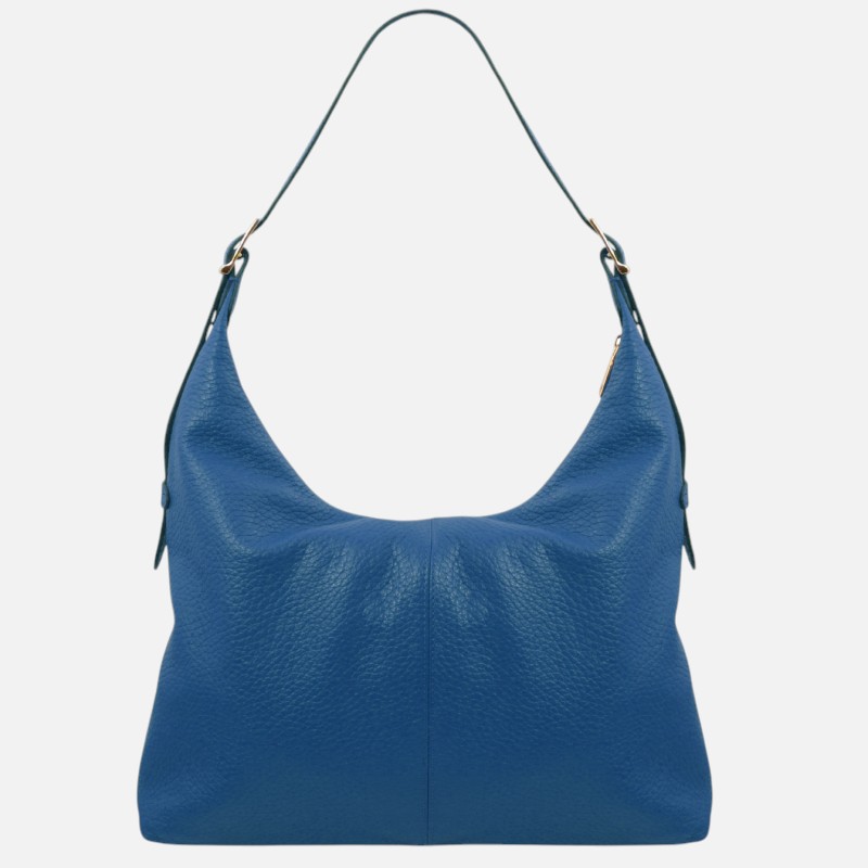 Blue pebbled leather shoulder bag with a single strap and gold hardware, arranged upright against a white background.