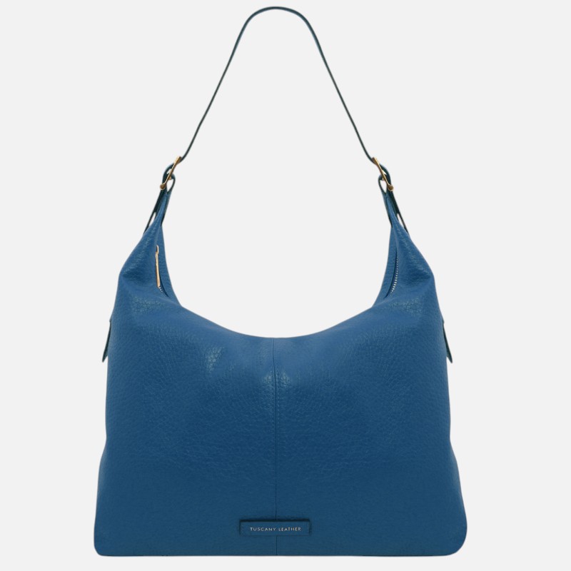 Blue pebbled leather hobo bag with a single long strap and a small Tuscany Leather brand tag on the front.