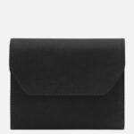 Black leather wallet with a front flap and visible stitching along the edges, embossed 'Tuscany Leather' on the front center.