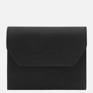 Black leather wallet with a front flap and visible stitching along the edges, embossed 'Tuscany Leather' on the front center.