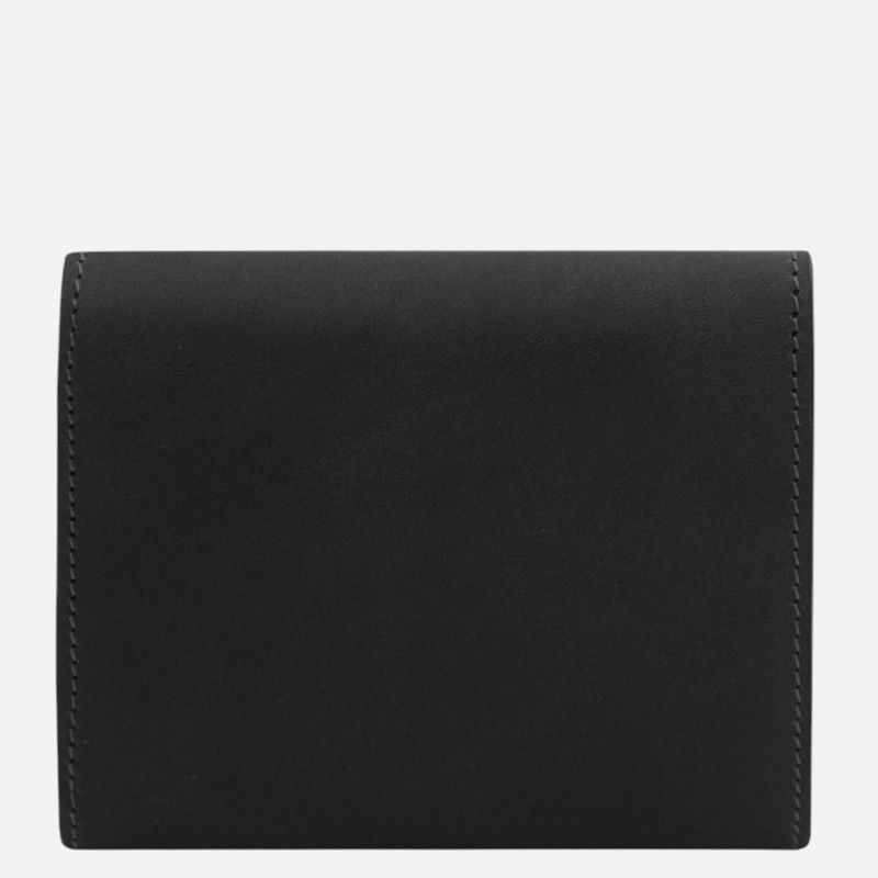 Black leather wallet with neat stitching along the edges, closed on a light gray background.