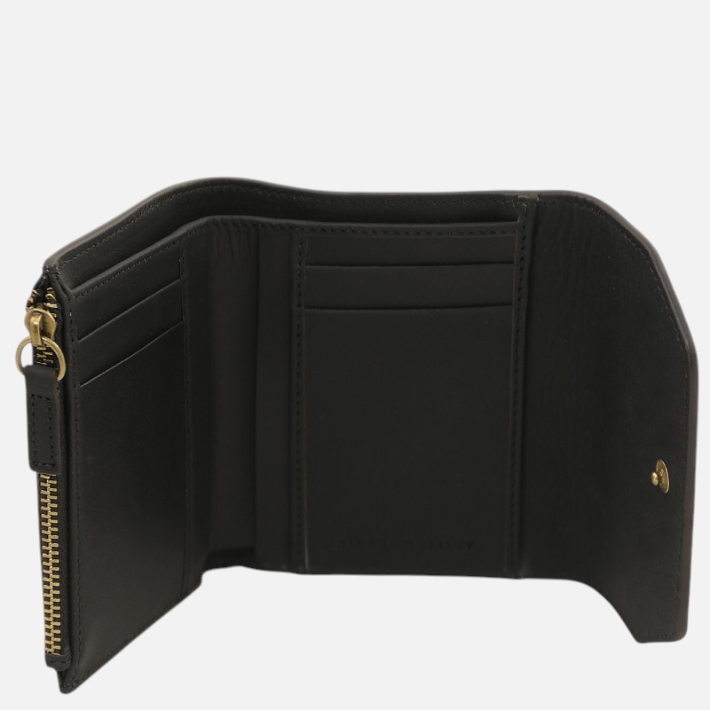 Open black leather wallet showing multiple card slots and a gold zipper along the side, with a section for bills.