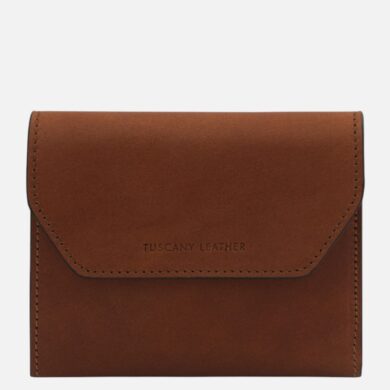 Brown leather wallet with visible stitching and a flap marked Tuscany Leather