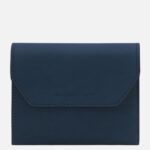 Blue leather wallet with a front flap and stitched edges; Tuscany Leather branding visible on the flap