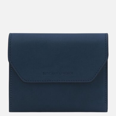 Blue leather wallet with a front flap and stitched edges; Tuscany Leather branding visible on the flap