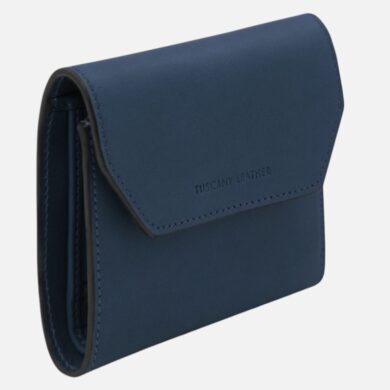 Blue leather wallet with a curved top flap and 'Tuscany Leather' stamp, compact cardholder style on white background.