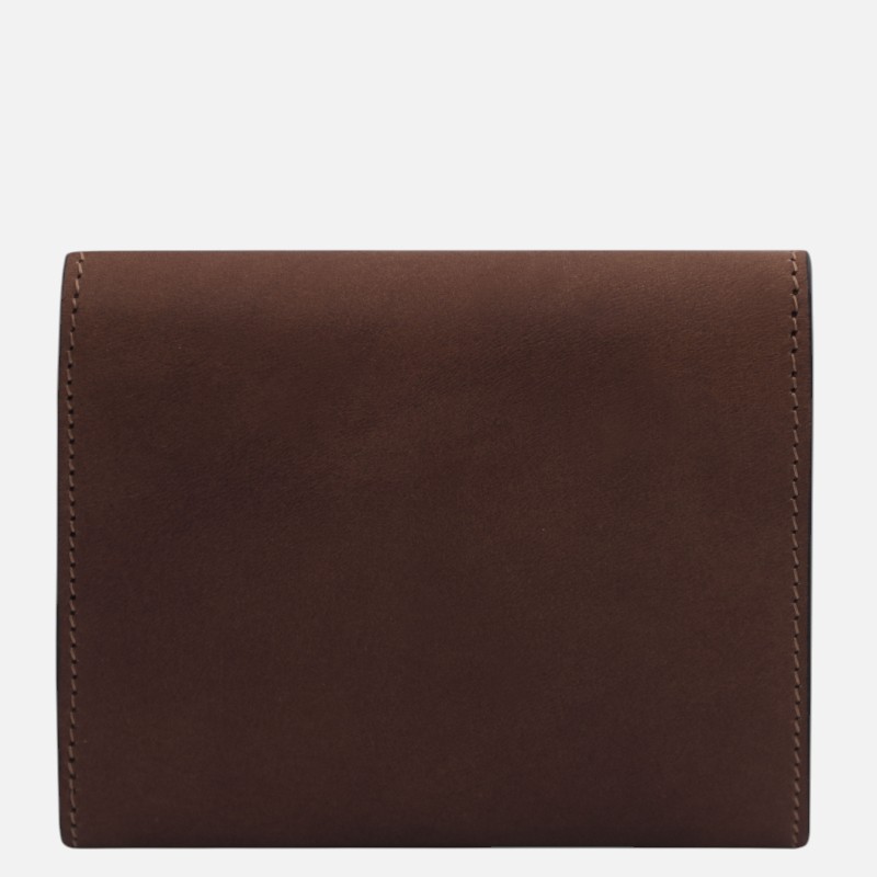 Brown leather wallet with visible stitching on the edges, simple bi-fold design.