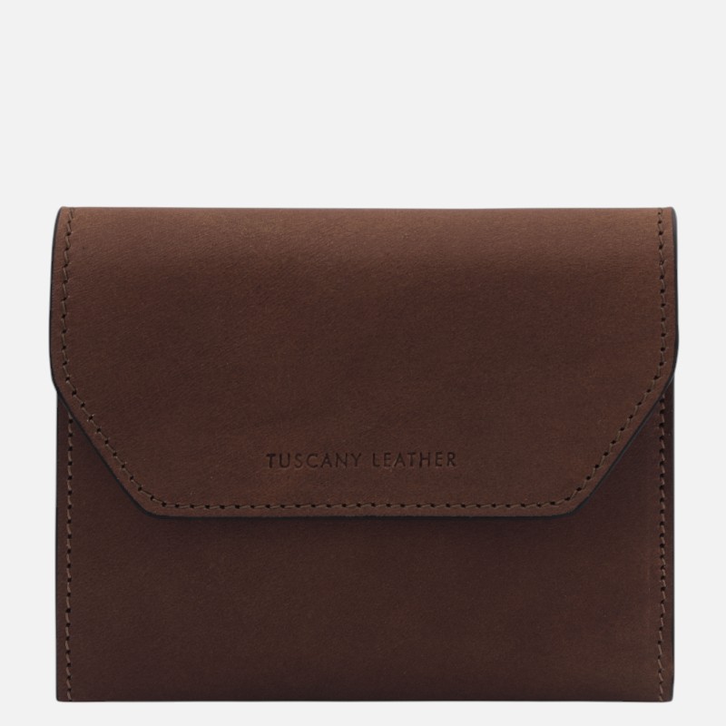 Brown leather wallet with a flap closure and visible stitching, embossed with 'TUSCANY LEATHER' on the front.