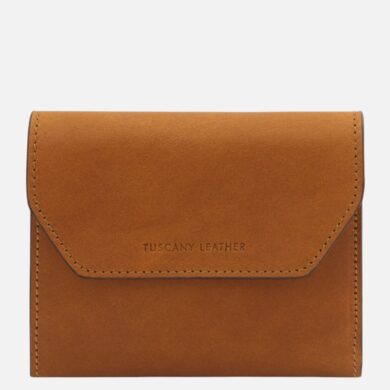 Brown leather wallet with stitched edges and a subtle 'Tuscany Leather' brand emboss on the front