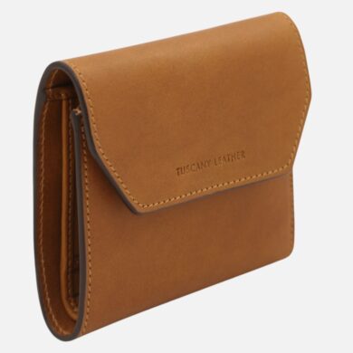 Tan leather wallet with a front flap, visible stitching, and brown edging; embossed 'TUSCANY LEATHER' on the front.