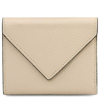 Beige leather wallet with envelope-style flap and stitched edges on plain background