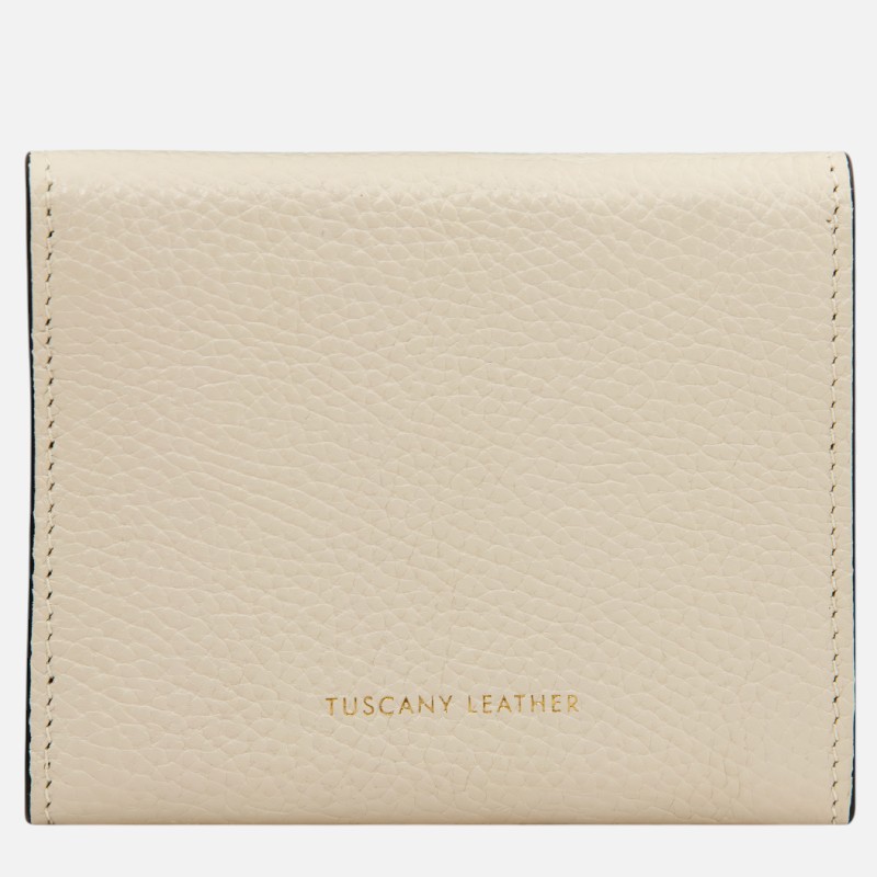 Beige textured leather wallet with gold 'TUSCANY LEATHER' branding.