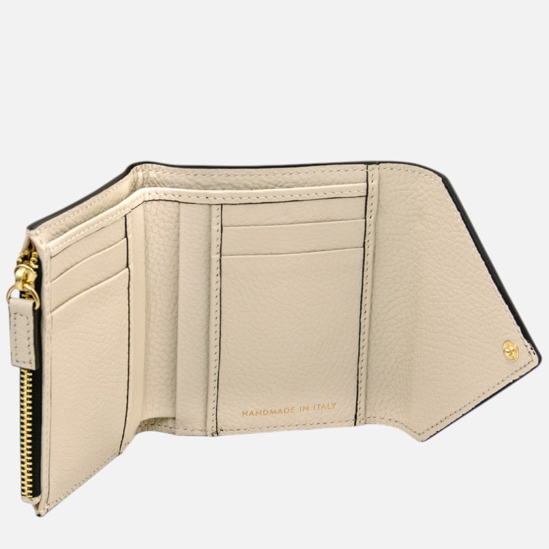 Beige leather wallet opened to reveal multiple card slots and a zippered coin pocket, handmade in Italy.