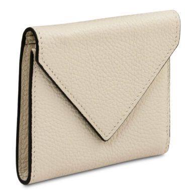 Beige textured leather wallet with an envelope-style flap, standing upright to show its outer design.