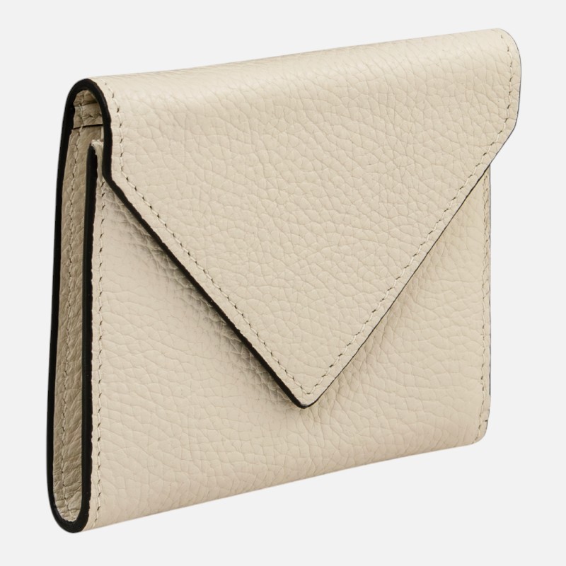 Beige textured leather wallet with an envelope-style flap, standing upright to show its outer design.