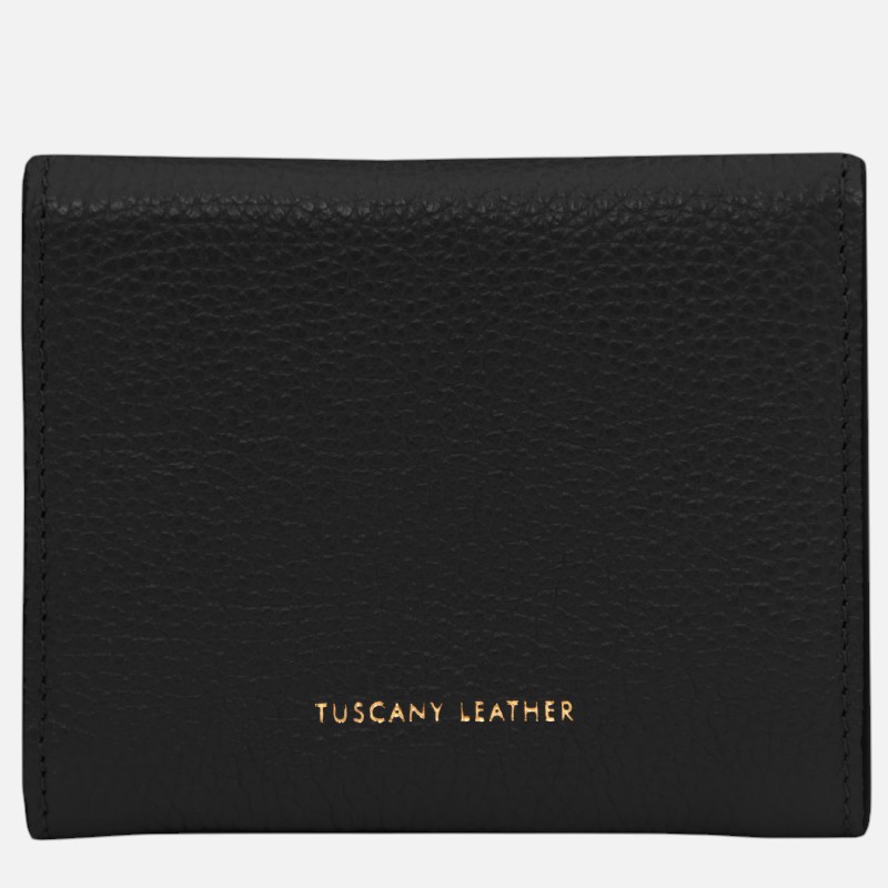 Black leather wallet with gold 'Tuscany Leather' logo in the lower center.