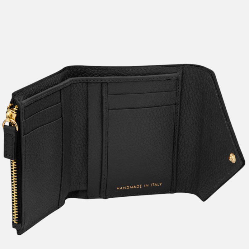 Black leather wallet open to reveal card slots, a zippered coin pocket, and 'HANDMADE IN ITALY' in gold letters.