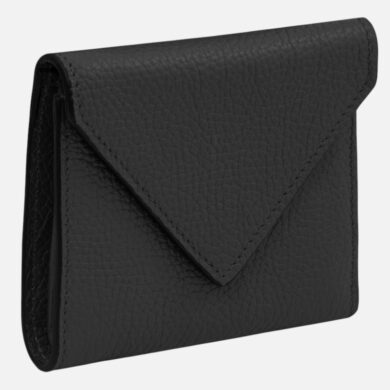 Black textured leather envelope wallet with a fold-over flap