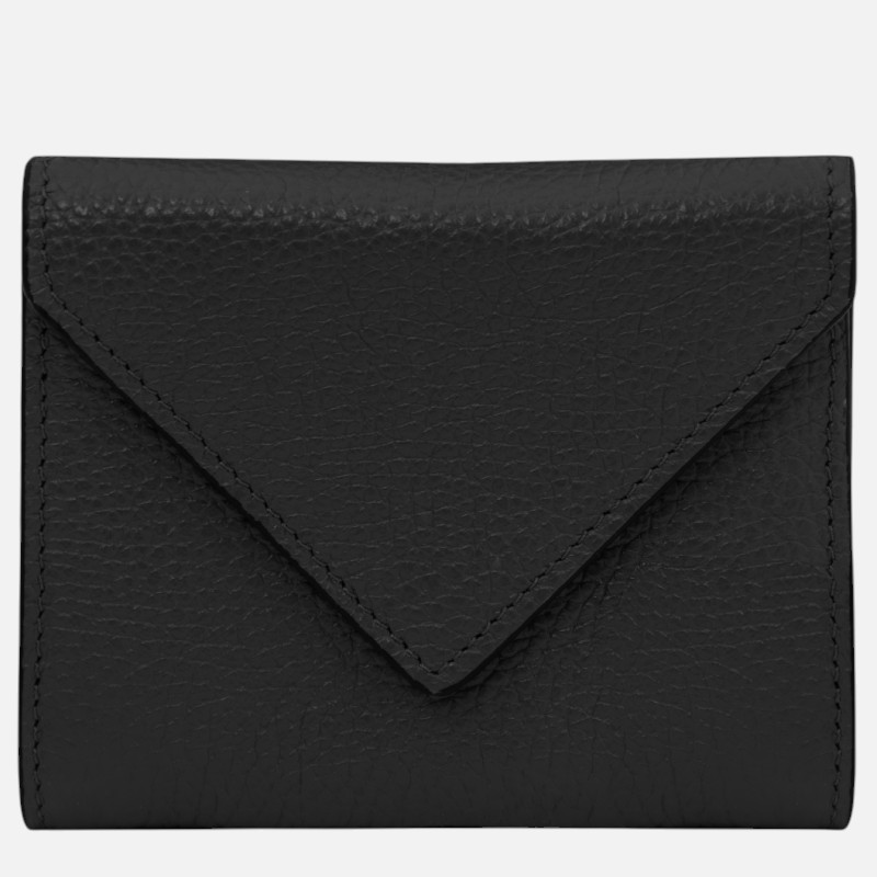 Black leather wallet with a V-shaped fold-over envelope-style flap and visible stitching.