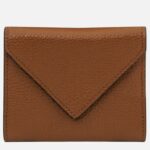 Brown leather wallet with a triangular envelope-style flap, closed and textured grain surface.