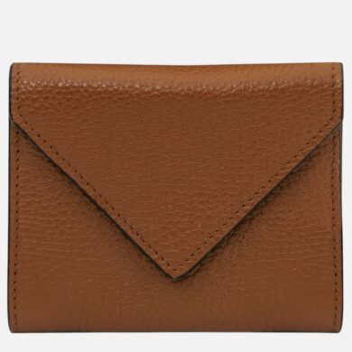 Brown leather wallet with a triangular envelope-style flap, closed and textured grain surface.