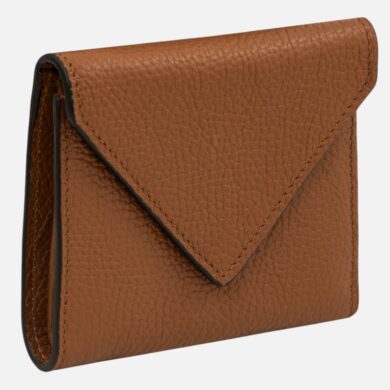 Brown pebbled leather envelope-style wallet with a fold-over flap and black edge trim.
