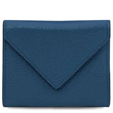Blue leather wallet with envelope-style front flap and visible stitching on the edges.