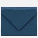 Blue leather wallet with envelope-style front flap and visible stitching on the edges.