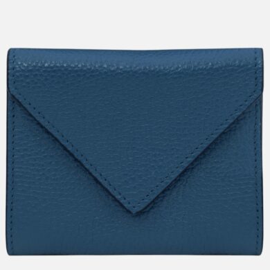 Blue leather wallet with envelope-style front flap and visible stitching on the edges.